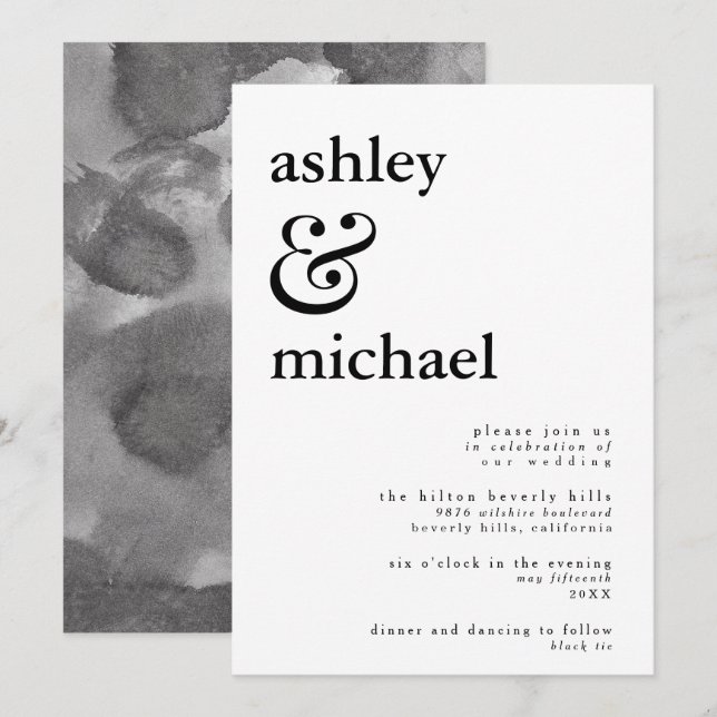 MODERN BLACK & WHITE Watercolor Ampersand Wedding Invitation (Front/Back)