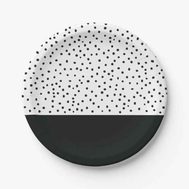 Modern black white watercolor polka dots pattern paper plates (Front)