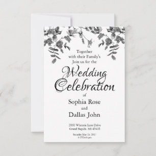 Modern black white watercolor roses wedding invitation