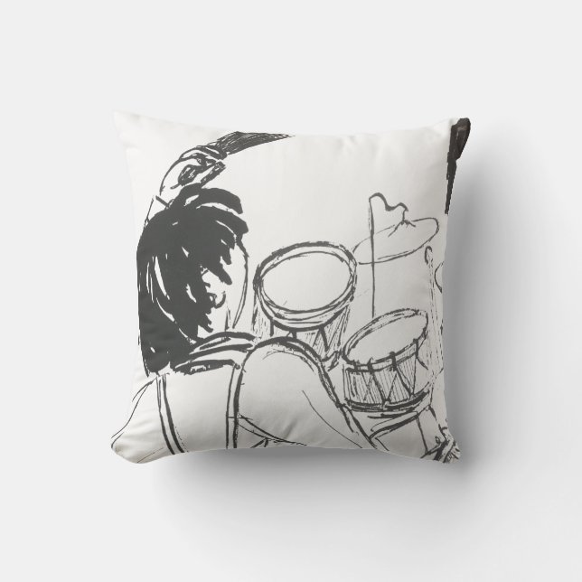 Modern black white watercolor sketch musician outdoor pillow (Front)