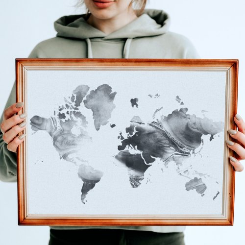 Modern Black White Watercolor World Map Canvas Print