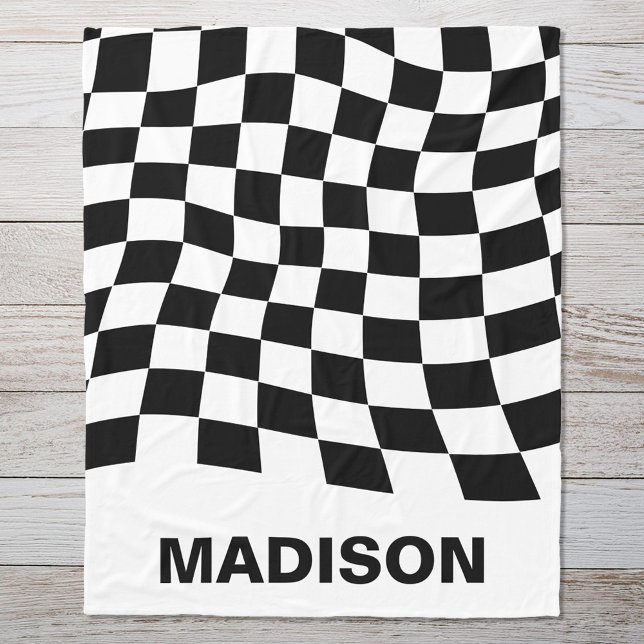 Modern Black White Wavy Checkered Pattern Monogram Fleece Blanket (Creator Uploaded)
