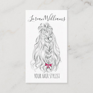 Modern Black White Wavy Hair Pink Bow Hairstyling Business Card