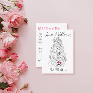 Modern Black White Wavy Hair Pink Bow Hairstyling  Business Card