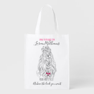 Modern Black White Wavy Hair Pink Bow Hairstyling  Grocery Bag