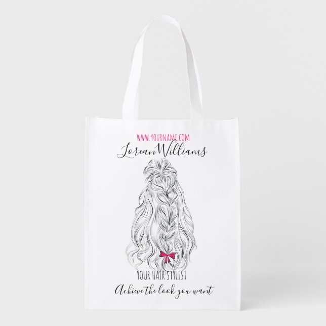 Modern Black White Wavy Hair Pink Bow Hairstyling  Grocery Bag (Front)