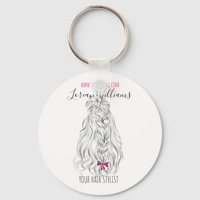 Modern Black White Wavy Hair Pink Bow Hairstyling  Keychain (Front)