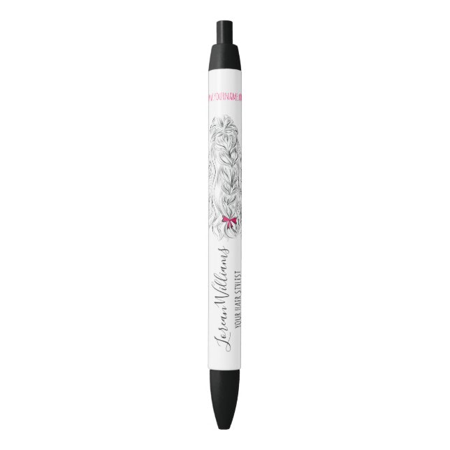 Modern Black White Wavy Hair Pink Bow Hairstyling  Pen (Front Vertical)