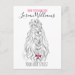 Modern Black White Wavy Hair Pink Bow Hairstyling Postcard