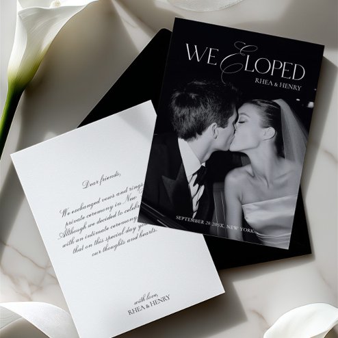 Wedding announcements - Pink Dramatic personalized gifts for you Modern black and white we eloped wedding announcement