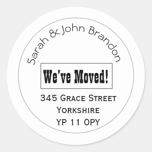 Modern Black White Weâve Moved Announcement  Classic Round Sticker