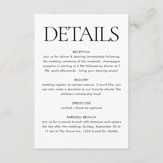 Modern Black White Wedding Guest Infos Details Enclosure Card (Front)