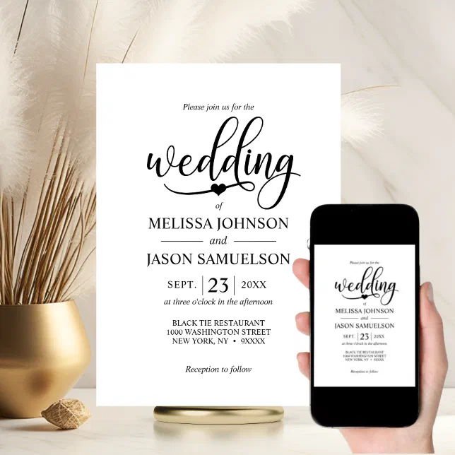 Modern Black White Wedding Heart | DIGITAL Invitation | Zazzle