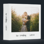 Modern Black White Wedding Photo Album 3 Ring Binder<br><div class="desc">Unique and fun wedding binder that mimicks the look of a retro instant photo with "Our Wedding" along with your date in a casual black handwriting font over a white background. A design perfect for the modern, minimalist couple. Use this custom binder as a wedding photo album, wedding planner or...</div>