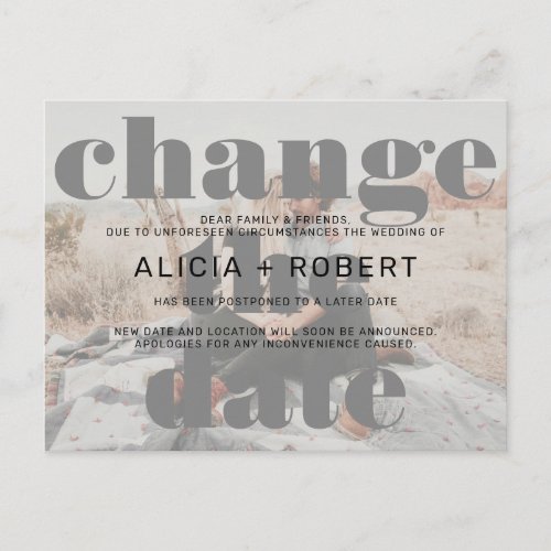 Modern black white wedding photo change the date announcement postcard