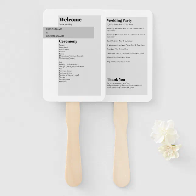 Modern Black & White Wedding Program Hand Fan | Zazzle