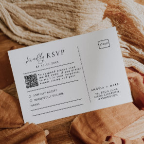 Modern Black & White Wedding QR Code RSVP Postcard