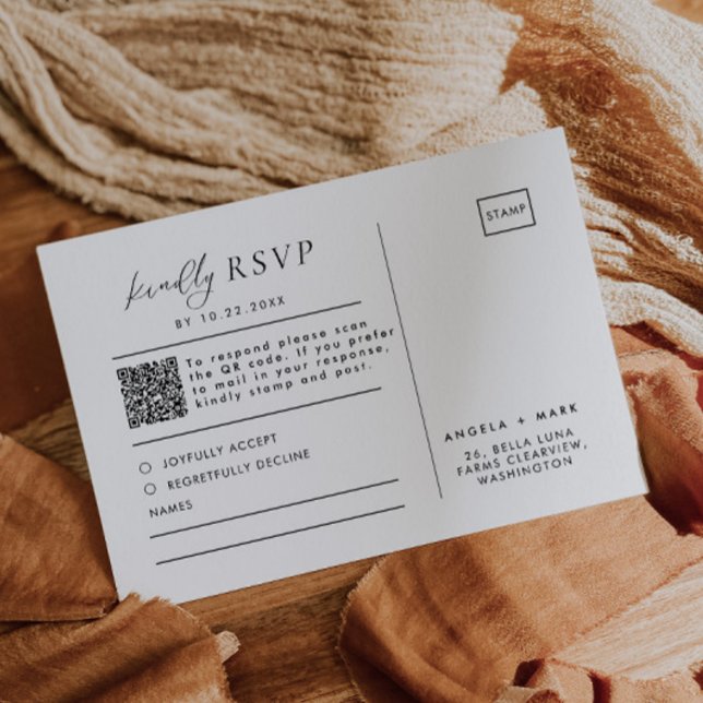 Modern Black & White Wedding QR Code RSVP Postcard (Creator Uploaded)
