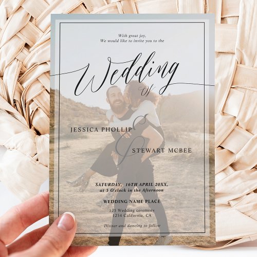 Modern black white wedding script 2 photos invitation