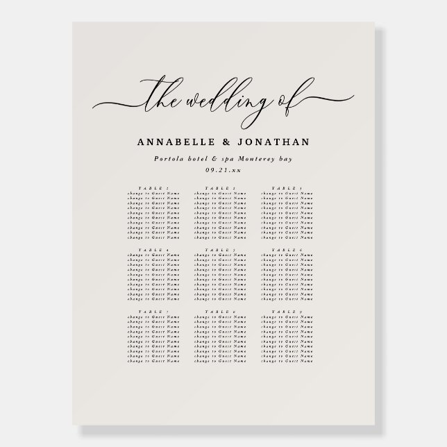Modern Black & White Wedding Seating Plan chart Foam Board (Front)