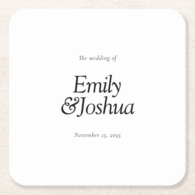 Modern Black & White Wedding Square Paper Coaster (Front)