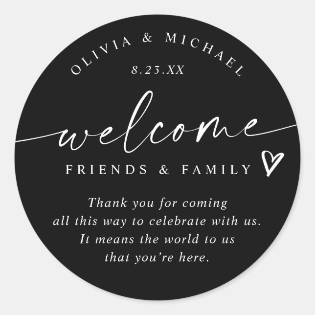Modern Black & White Wedding Welcome Hotel Bag Classic Round Sticker (Front)