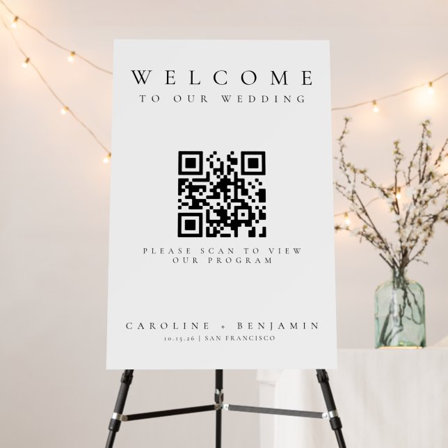 Modern Black White Wedding Welcome Program QR Code Foam Board (In Situ (Stand))