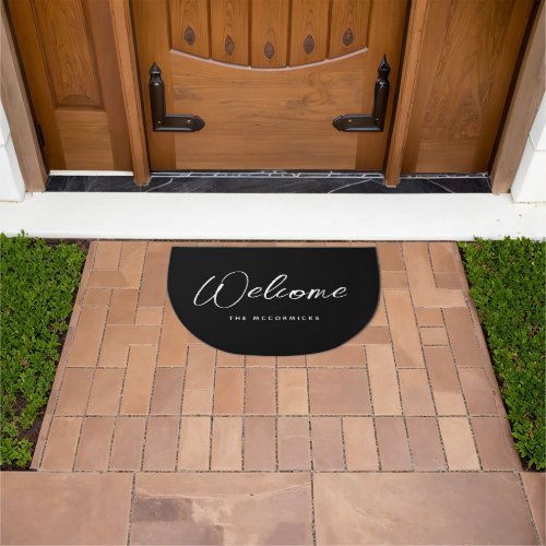 Modern Black White Welcome Script Family Name Doormat