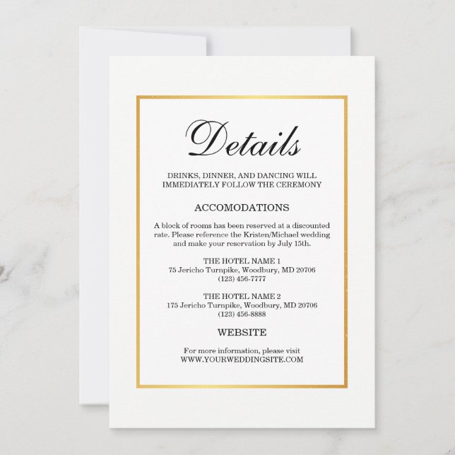 Modern Black White with Gold border Wedding Detail Invitation (Front)