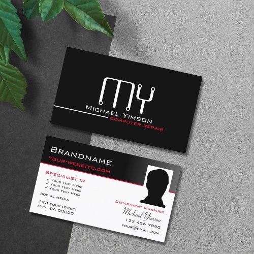 Modern Black White with Monogram and Photo Classic Business Card