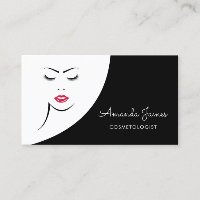 Modern Black White Woman Red Lips Cosmetologist Business Card (Front)