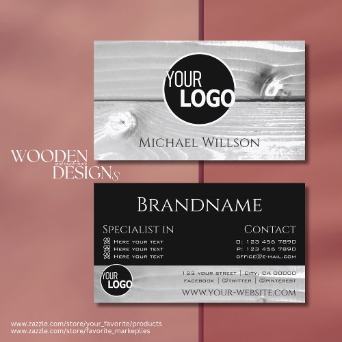 Modern Black White Wood Grain Wooden Boards Logo Business Card