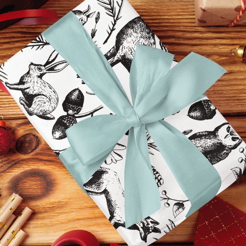 Modern Black  White Woodland Animals Hand_Drawn Wrapping Paper