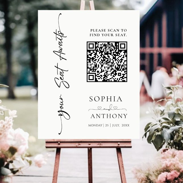 Modern Black & White Your Seat Awaits QR Code Foam Board (Creator Uploaded)