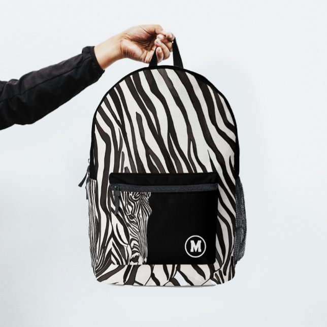 Modern Black White Zebra Stripe Bold Name Initia Printed Backpack (Creator Uploaded)