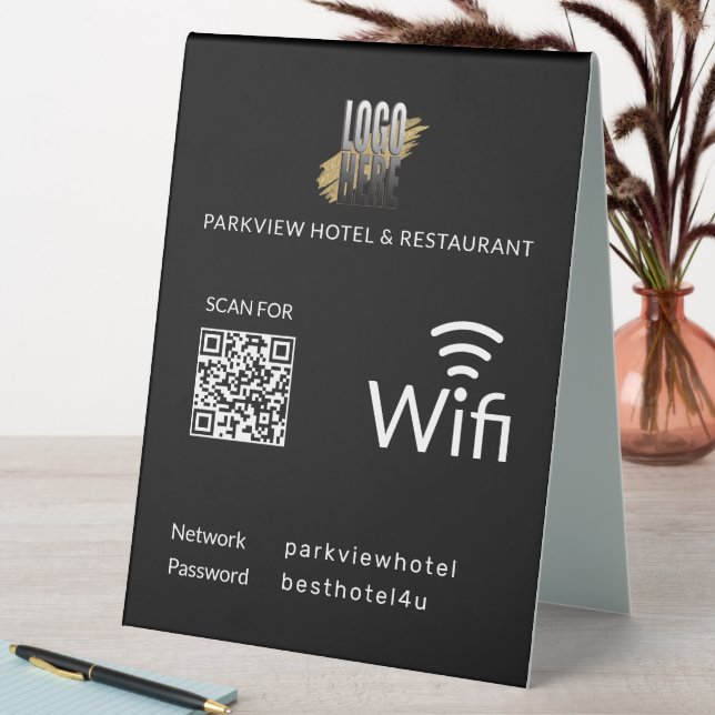 Modern Black Wifi QR Code with Your Business Logo Table Tent (In SItu (Table))
