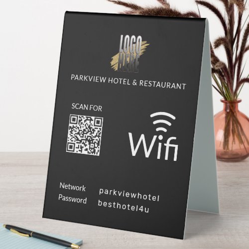 Modern Black Wifi QR Code with Your Business Logo Table Tent Sign
