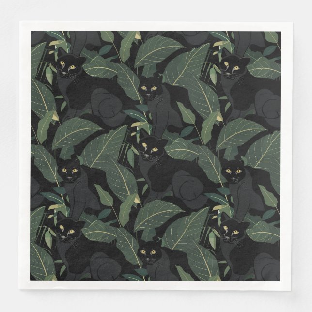 Modern black wild cat paper dinner napkins (Front)