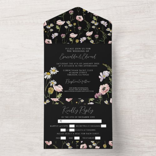 Modern Black Wild Flower Botanical Garden Wedding  All In One Invitation