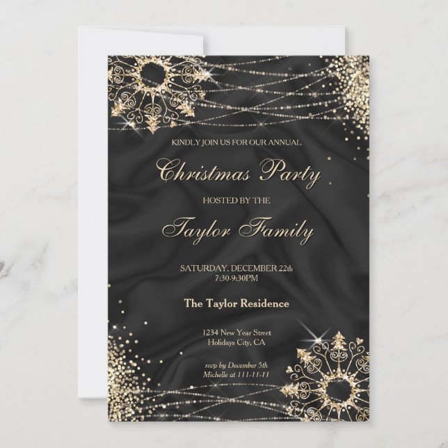 Modern Black Winter Gold Snow Christmas Party Invi Invitation (Front)