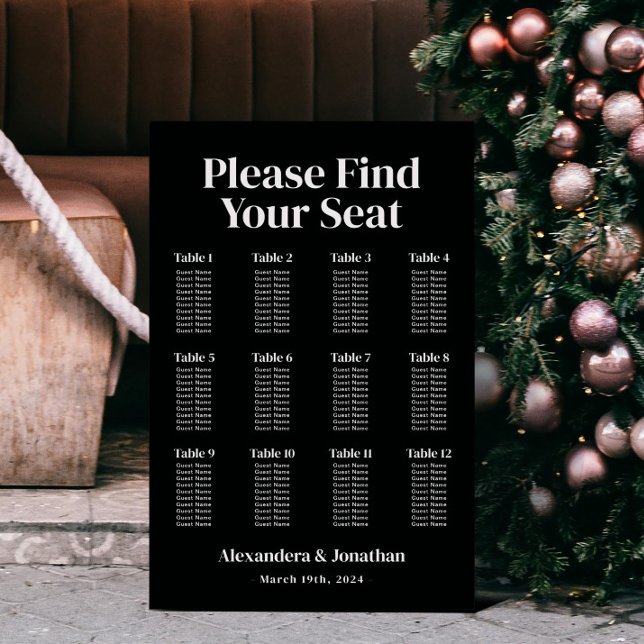 Modern Black Winter Wedding Seating Chart Foam Board (Creator Uploaded)