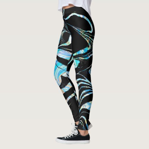 Modern Black With Colorful Marble Swirls Leggings