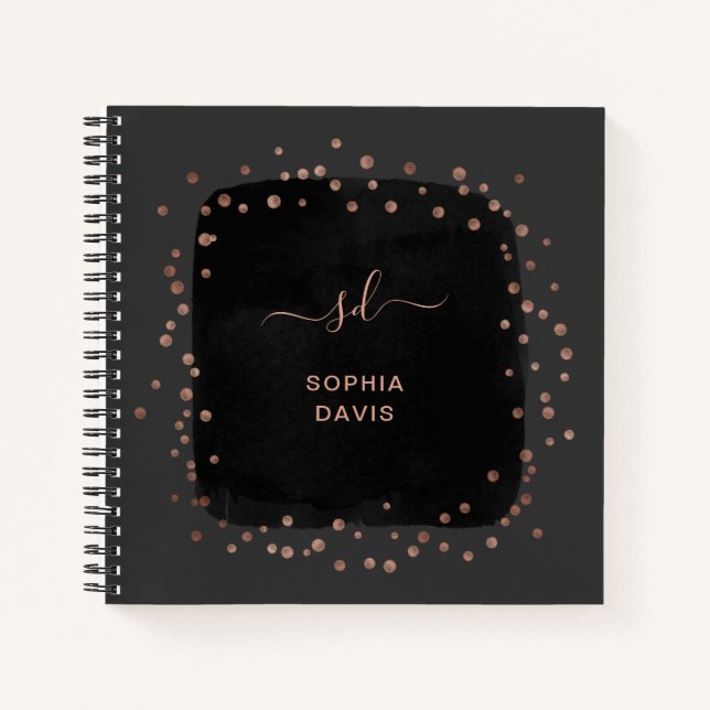 Modern Black with Faux Rose Gold Dots Notebook (Front)
