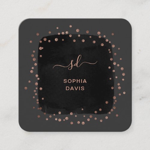 Modern Black with Faux Rose Gold Dots Square Business Card