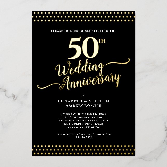 Modern Black with Gold 50th Wedding Anniversary Foil Invitation (Front)