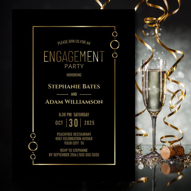 Modern Black with Gold Frame Engagement Party Invitation (Creator Uploaded)