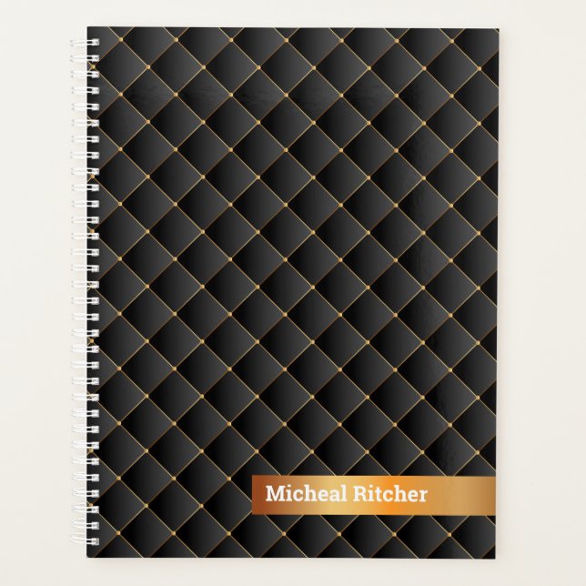 Modern Black with Gold personalized Monogram Name Planner (Front)