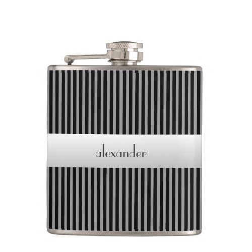 Modern Black With Grey Pin Stripes Groomsmen Gift Flask