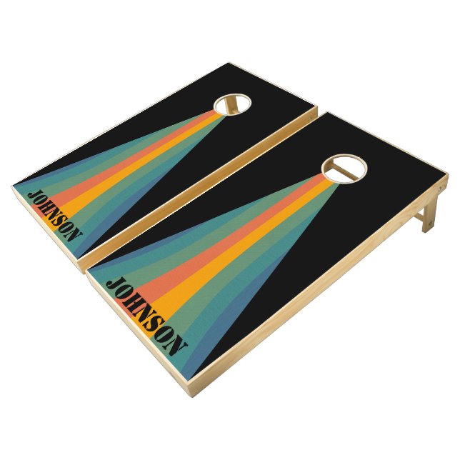 Modern Black with Rainbow Personalized Cornhole Set (Angled)