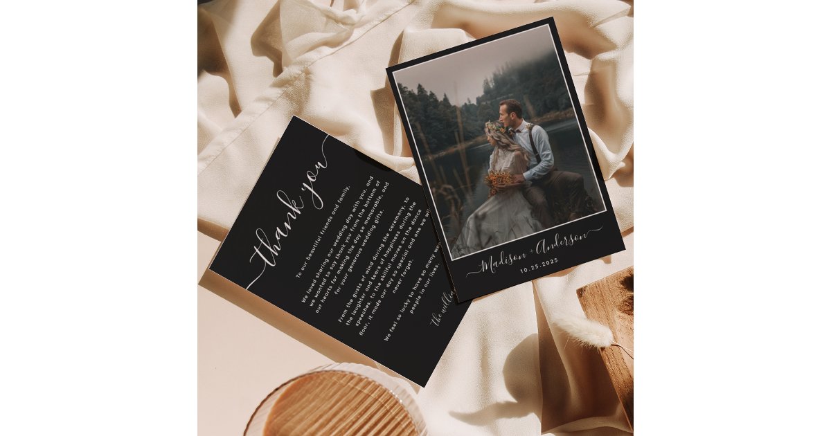 Modern Black with Two Photo Wedding Thank You Card | Zazzle
